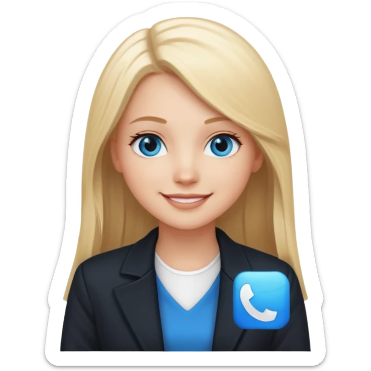 A white girl with long straight blonde hair, blue eyes and a white dress with a smiling black jacket sticker