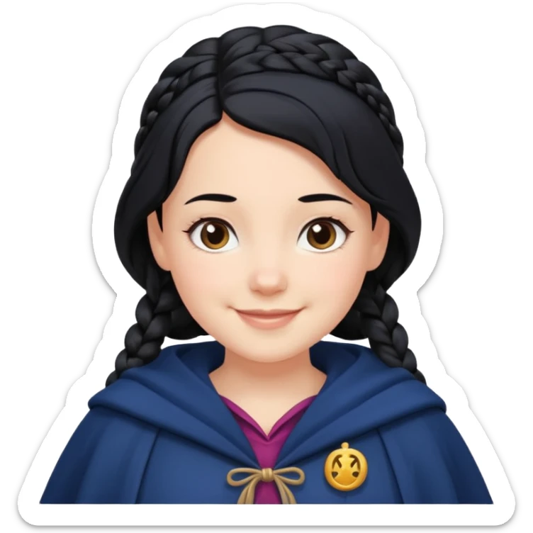 braid black hair, white girl, dark blue cloak, happy smile sticker