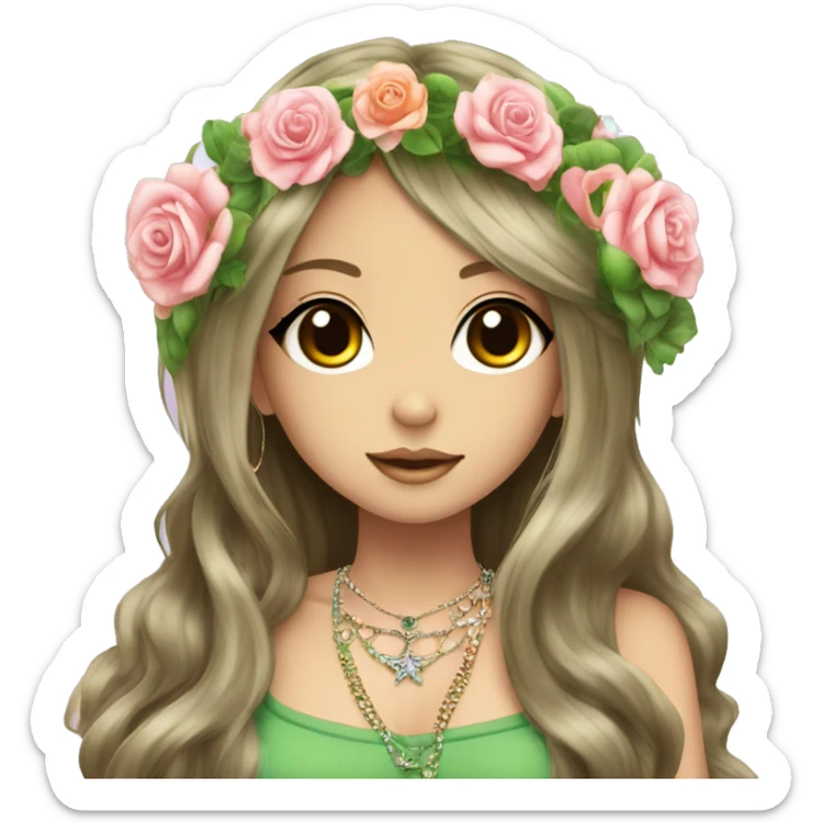 hime gyaru girl, hippie, long brunette hair with roses in hair, crystal jewelry, green top, peace sign hand logo sticker
