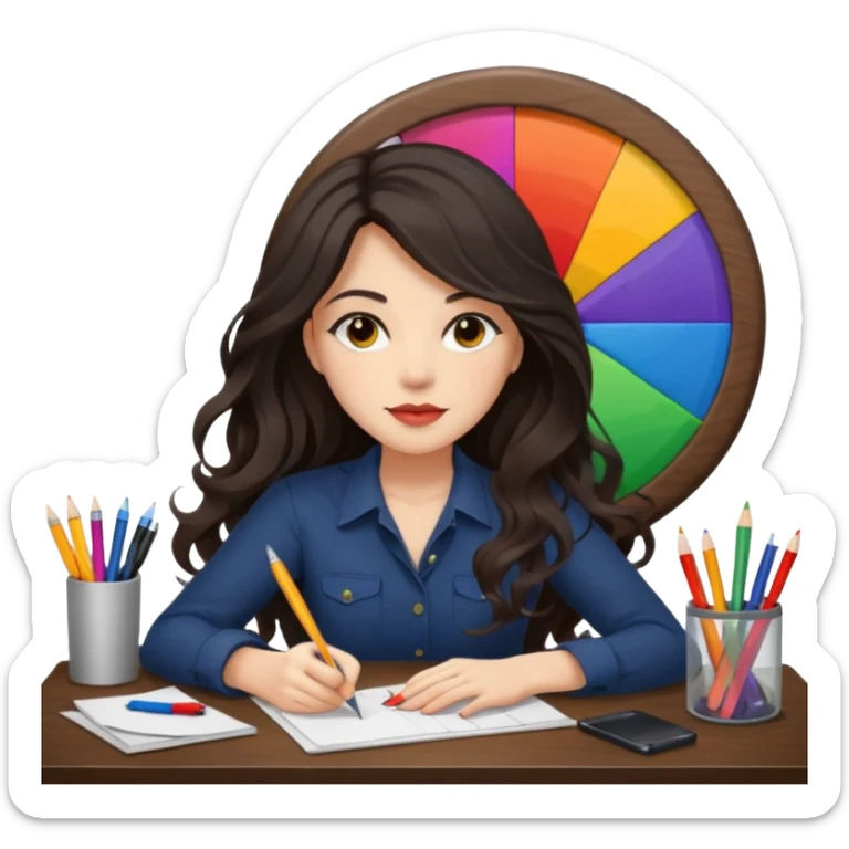female dark wavy long hair graphic designer , big color wheel behind , pens, papers, desktop sticker