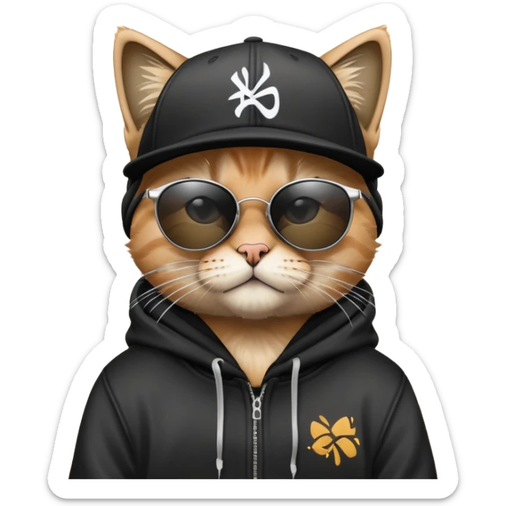 cat wearing a black snapback cap, black hoodie, and black sunglasses low on his nose that he is peering over, doing graffiti art with spray paint, street art style sticker