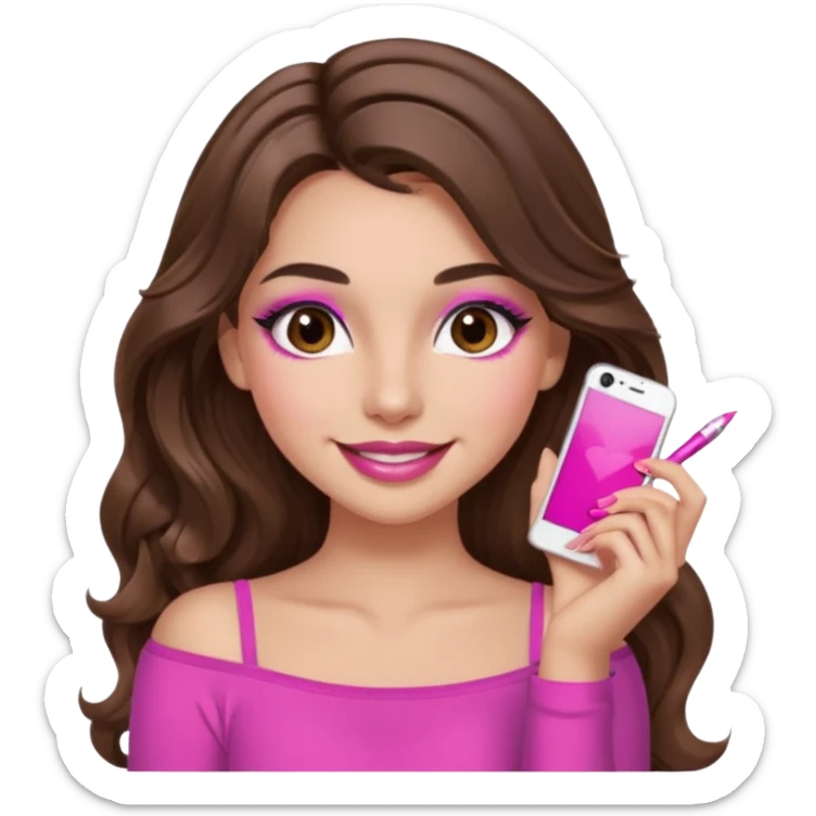 girl with long wavy brown hair, brown eyes, long lashes makeup, sexy pink lips, light to medium complexion, pink sexy top, smiling, hand by the cheek sticker