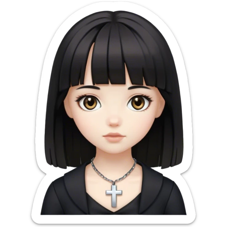 A pale white doll girl with medium black hair and bangs with big light brown eyes wearing black clothes and a cross necklace sticker