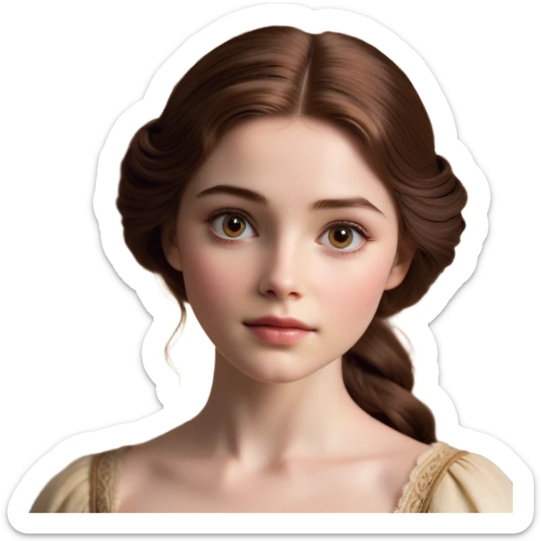 Cinematic Realistic Belle Portrait, depicted with lifelike skin texture, soft natural lighting, and intricately detailed brown hair styled elegantly. Her deep, expressive eyes exude warmth and intelligence, complemented by a serene and graceful expression. She is dressed in her classic attire, with rich fabric textures and delicate folds that catch the light beautifully. The portrait features a soft, enchanting glow with a natural, radiant finish, capturing the essence of timeless beauty in a realistic and painterly style, evoking a sense of depth and authenticity. sticker