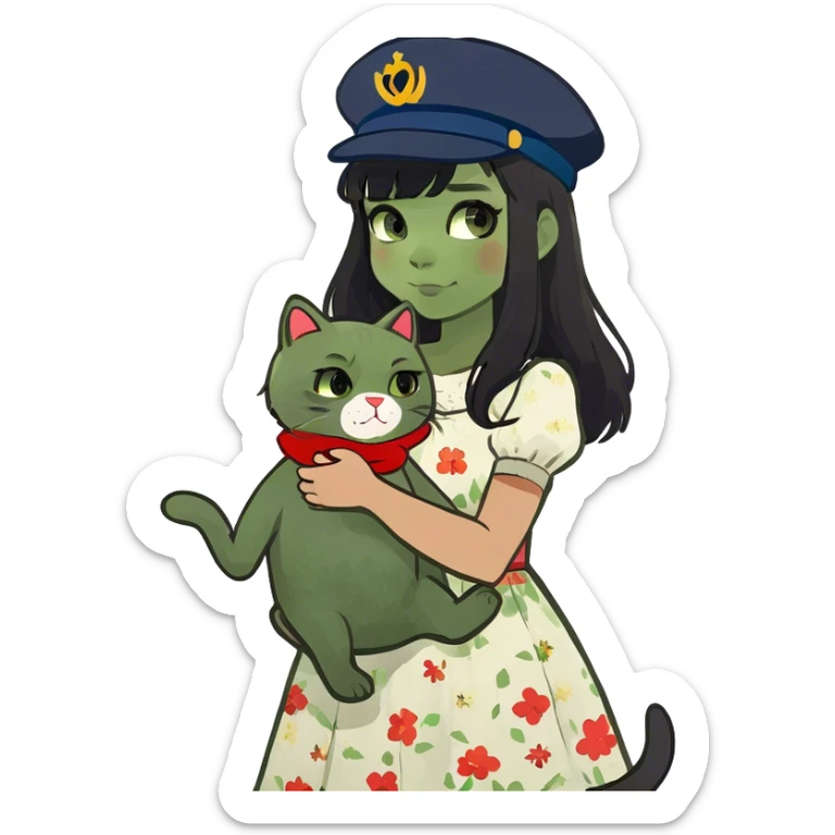 A girl with black eyes, red cheeks, black hair with a white face, holding a British gray cat and a brown teddy bear sticker