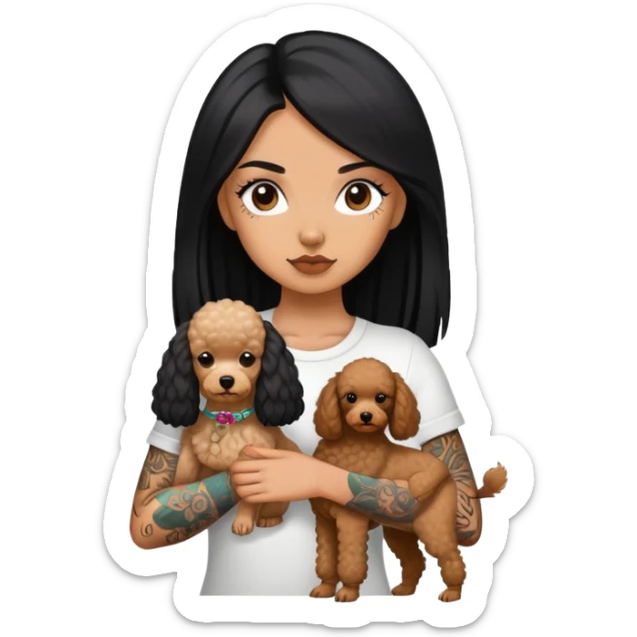 girl with long black  straight hair and tattoos and a  white Yorkshire and a brown poodle sticker