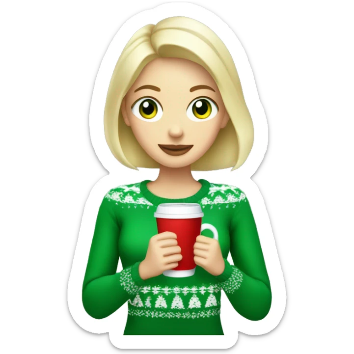 Short haired blonde girl with green eyes drinking coffee wearing Christmas sweater sticker