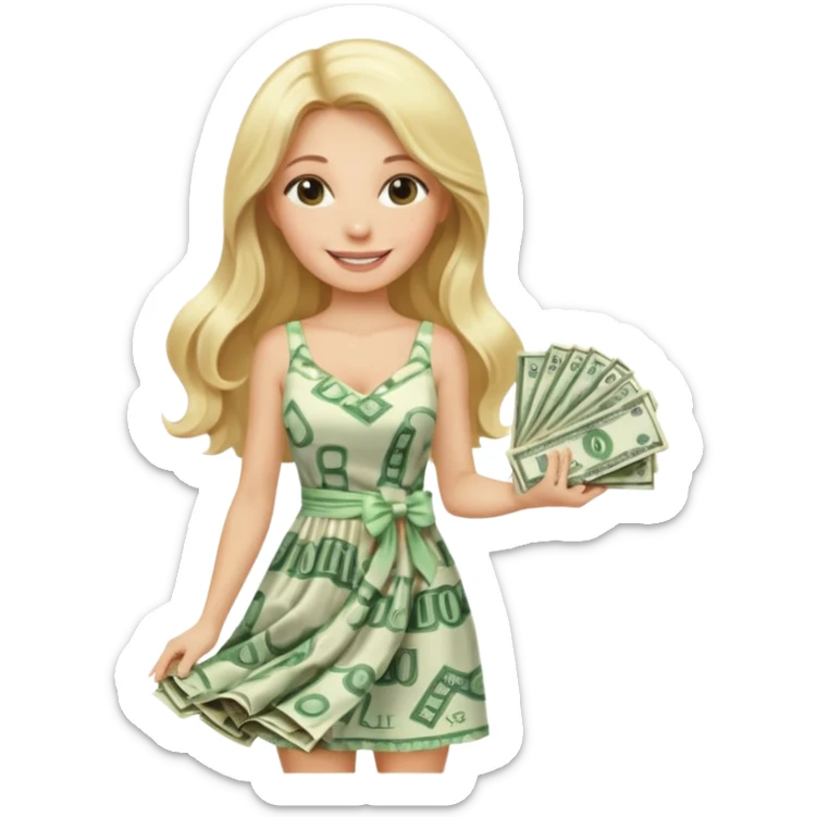 rich long hair blonde australian millionare woman holding a lot of money wearing cute summer dress sticker