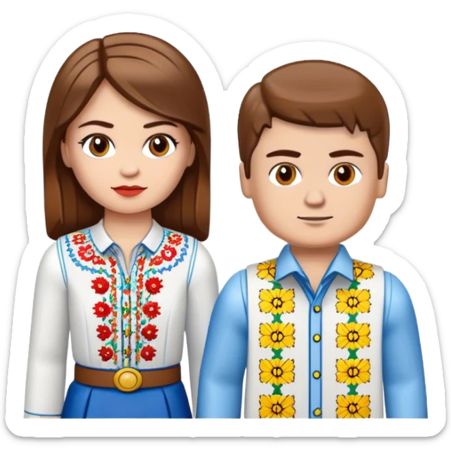 a Ukrainian girl with brown hair in an embroidered shirt and a Ukrainian boy in an embroidered shirt and Lego bricks sticker