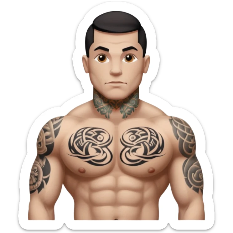 tattoo man, white skintone, more highlight the tattoo, body builder, heavy tattoos on fully chest, more tattoos on the body, more visible tattoo, big tattoos, tattoos on face. sticker
