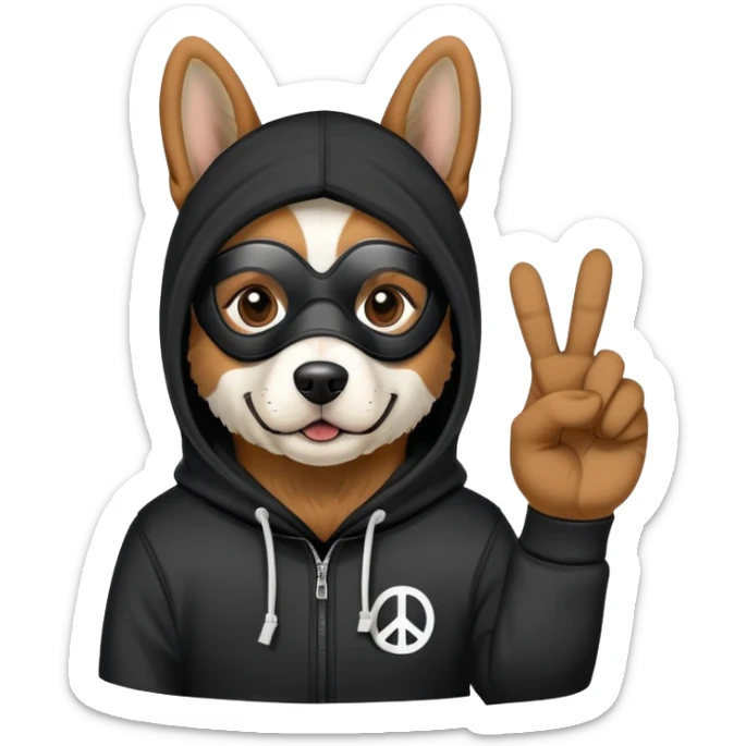 dog wearing a ski mask and a black hoodie with the peace sign  sticker
