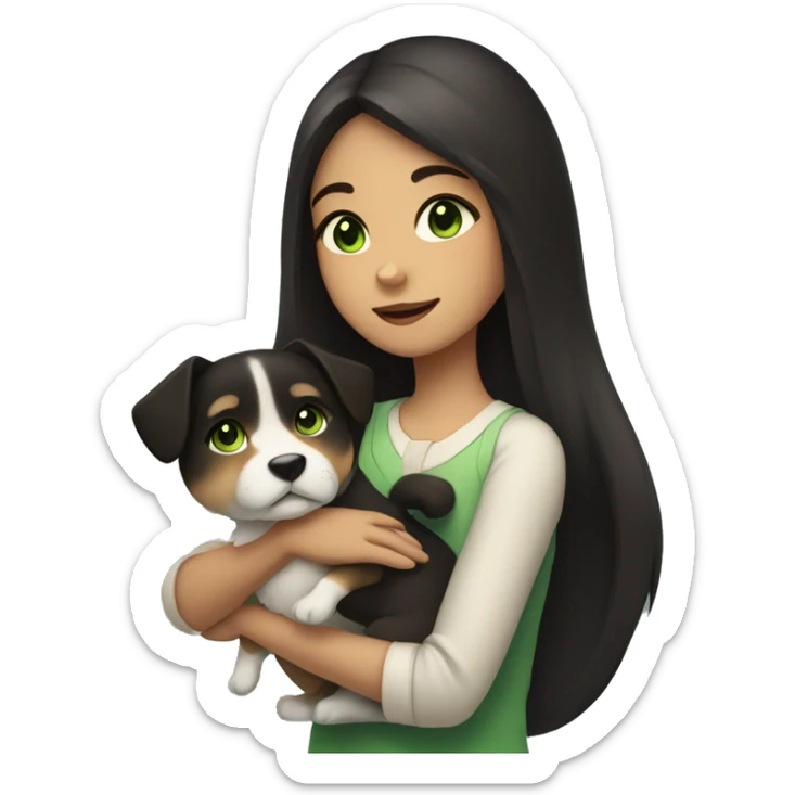a girl with green eyes and dark hair holds a Shibu Inu dog in her hands sticker