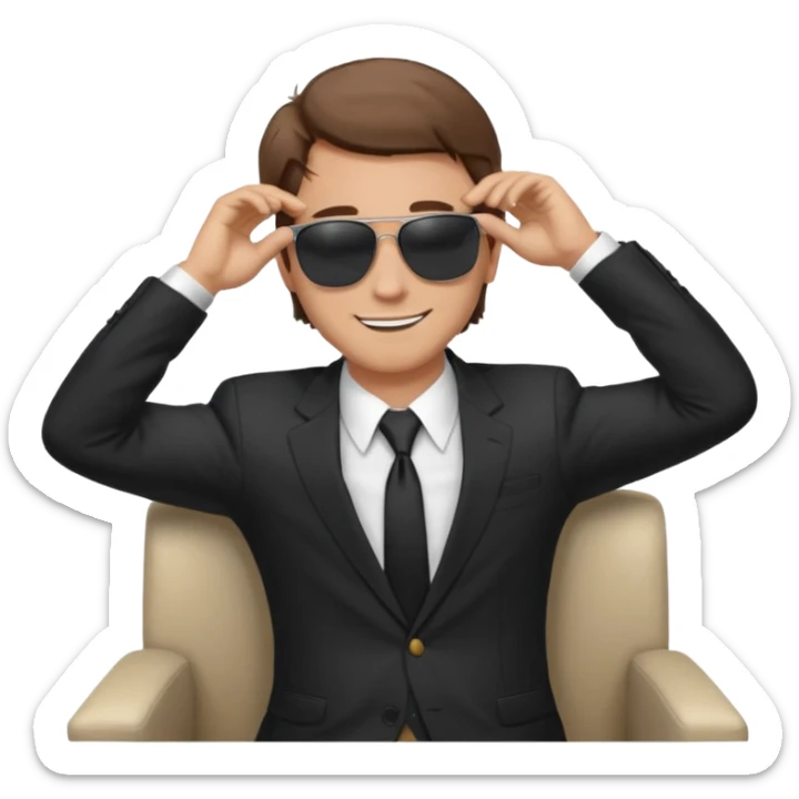 a white man, brown hairs, in formal suit wearing sunglasses resting with hands behind head sticker