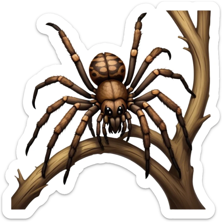 Close-up of a giant hairy tarantula in its natural habitat, with detailed textures of its legs, fangs, and body. The spider is perched on a tree branch, with soft lighting highlighting its features. Transparent background. sticker