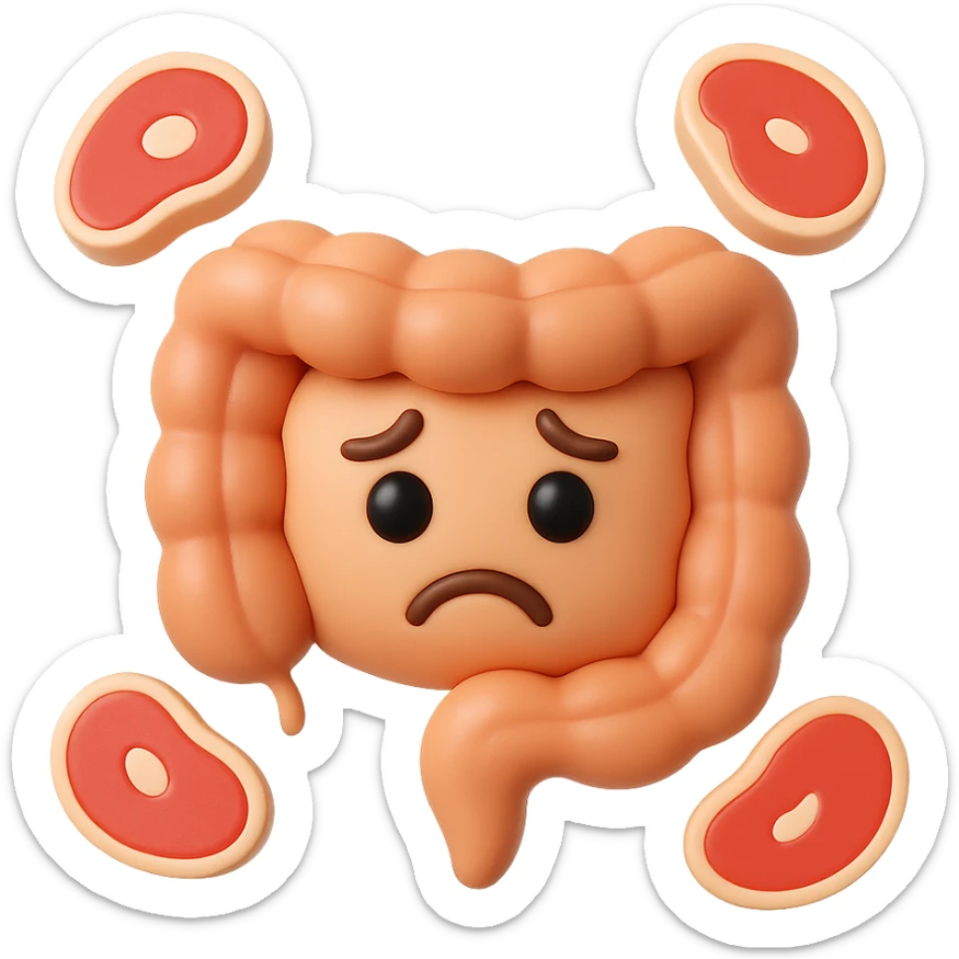 emoji stile iphone in 3d di un intestino triste con fette di carne che gli fluttuano intorno sticker
