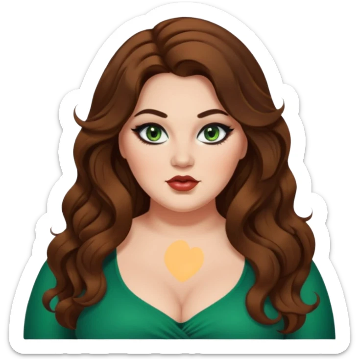 plus size, long brown wavy hair, baddie,pretty, makeup, black eyeliner, long hair, green eyes sticker