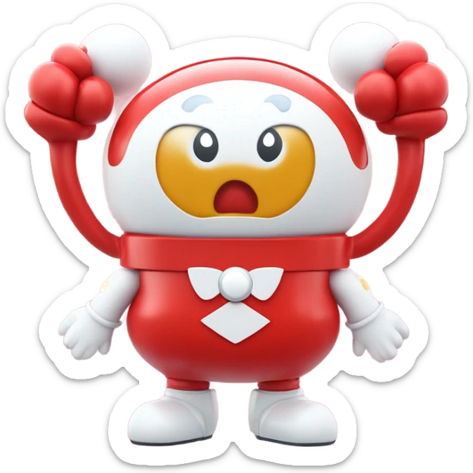 Very shiny full body character with pill capsule head with retro antennae and jetsons aesthetic sailor moon eyes  puffy body and welcoming waving arms Japanese animation inspired Anpanman with big boots and antennae red and white colors only sticker