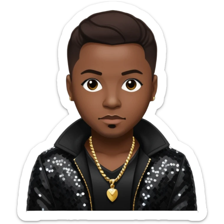 Nokio from Dru Hill with dark brown hair, black sequin outfit, dark skin sticker