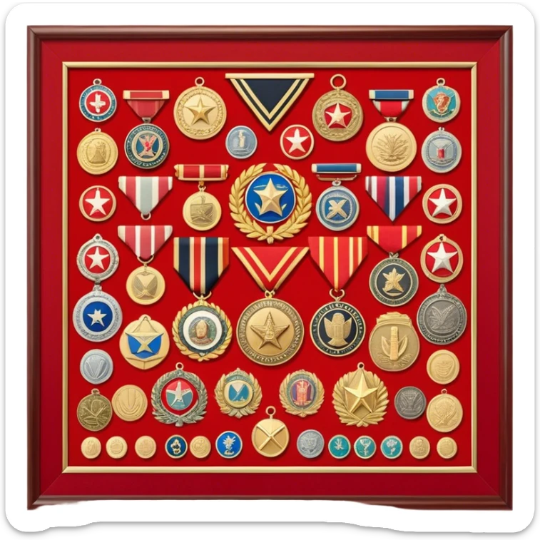 Icon for Collecting Orders, Medals & Badges: a variety of vintage orders, medals and badges, displayed neatly on a big red pennant or in a display case. The icon should reflect the honor and historical significance of these collectible items. Transparent background. sticker