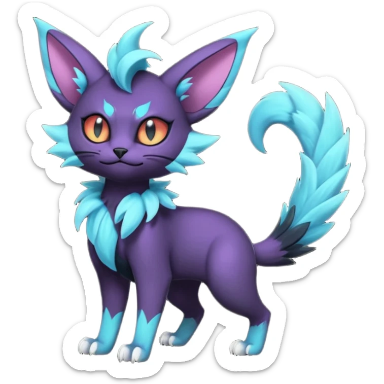 Black and cyan edgy magical elemental will-o-wispy Noivern-Noibat-Purloin-Torracat-Lykoi-Caracal-cat-Fakemon-fusion-hybrid-creature, full body sticker