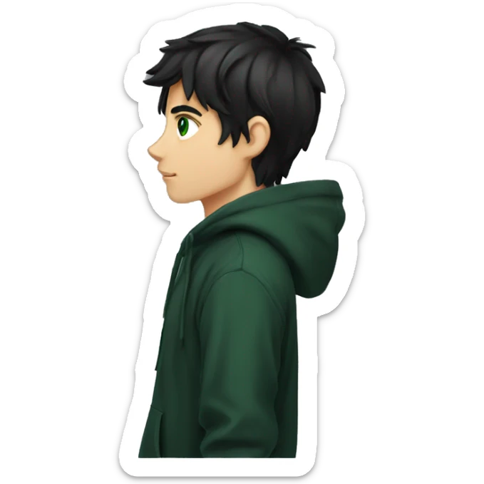 anime boy dark hair dark green eyes in black hoodie side profile side eye sticker