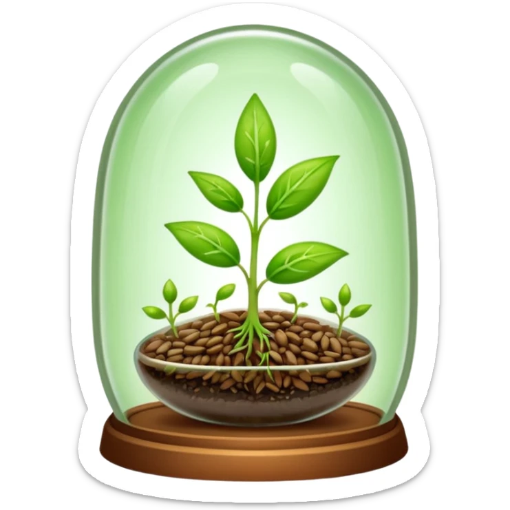 a pile of seeds at the right side and a germinating seed under a glass dome at the right side . Transparent background sticker