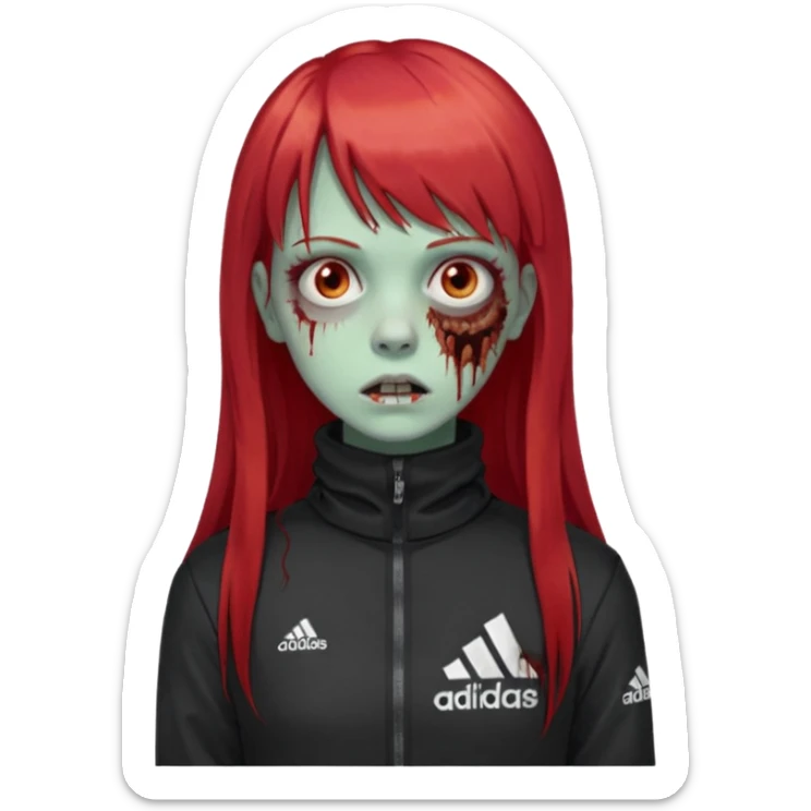 Crie um emoji de uma menina zumbi  com o cabelo vermelho longo com uma franja reta casaco de gola alta da adidas sticker