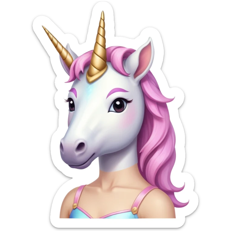 anthropomorphised female unicorn ballerina, horse-like unicorn face with muzzle, mane, ears, prominent horn, head and shoulders, relaxed pose sticker