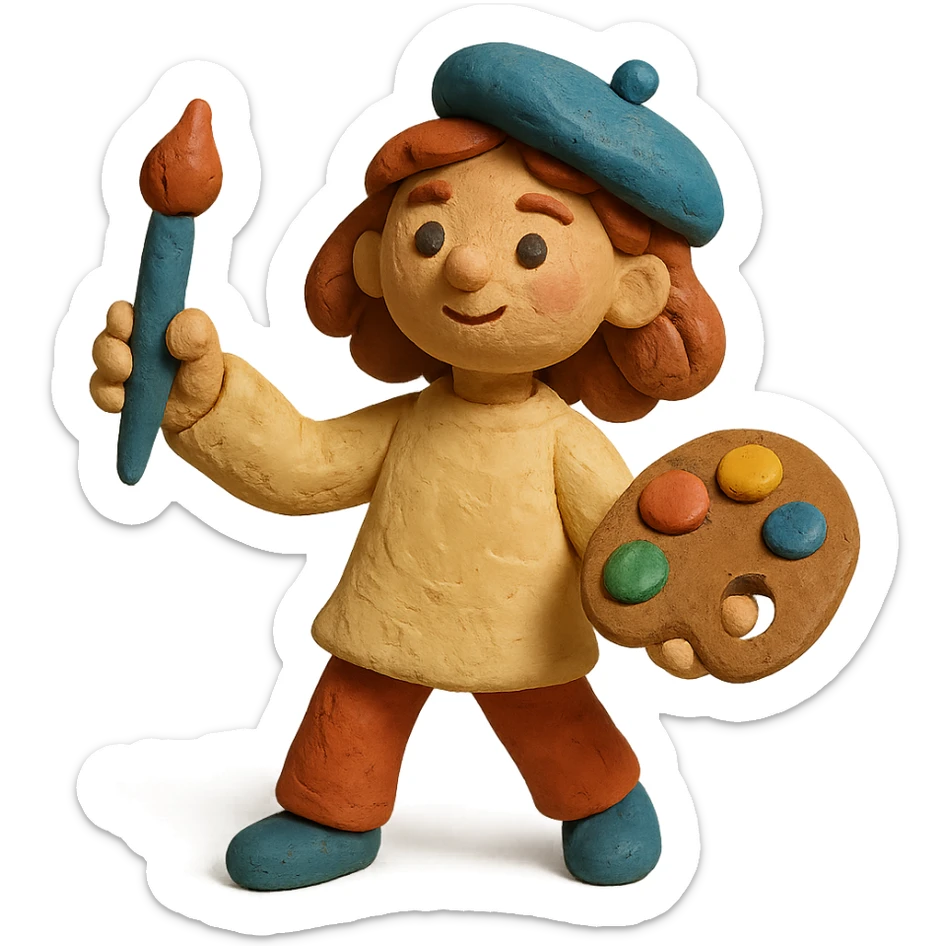 girl artist character holding a paintbrush and palette in a creative pose sticker