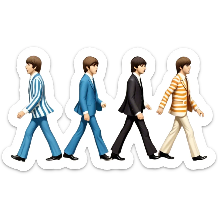 Cinematic Realistic The Beatles Abbey Road Scene Emoji, depicting the legendary band of four crossing the iconic zebra-striped street in their classic outfits, exuding effortless charisma and musical legacy. The scene is bathed in warm, nostalgic lighting with rich textures that capture the essence of 1960s rock history. sticker