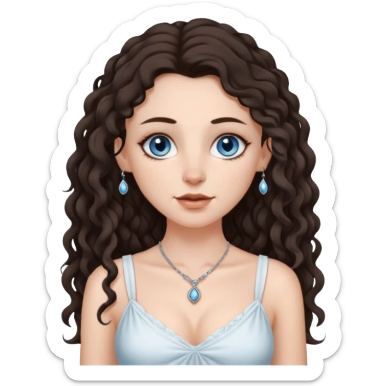 white girl, dark brown long slightly curly hair , skinni but with big breast , septum piercing on nose, beautiful dark gray-blue eyes, in white dress sticker
