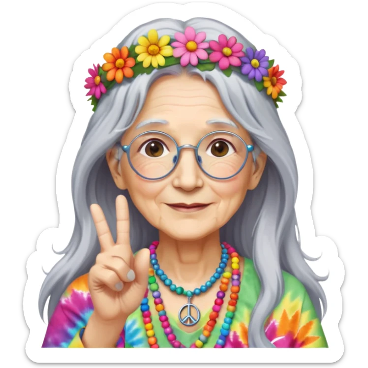 Elderly woman with long gray hair, peace sign necklace, colorful tie-dye clothing, round glasses, flower crown, hippie grandma sticker
