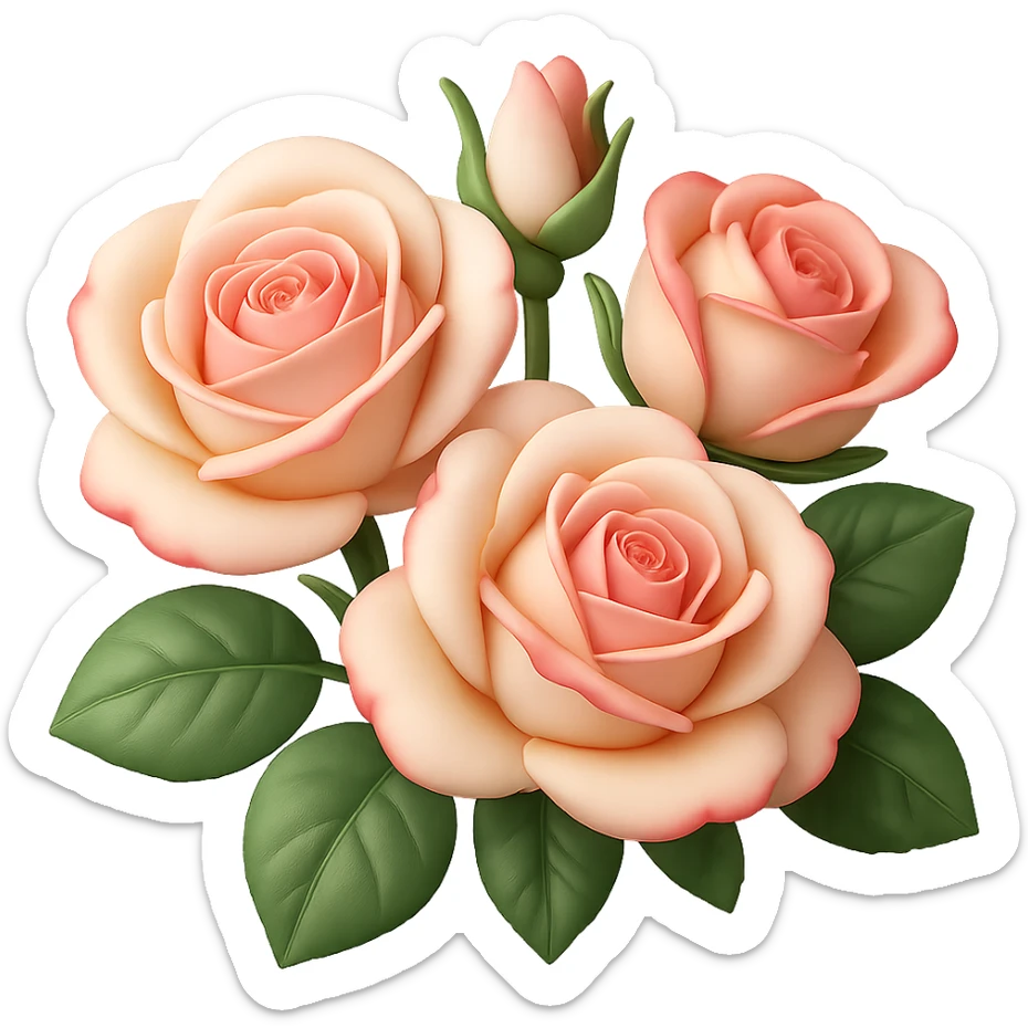 Create a square 3D illustration of a bouquet of three white-pink roses with buds and leaves in the style of iOS Apple emoji, featuring voluminous petals, on a transparent background. The style should mimic the detailed, colorful, and slightly glossy look of Apple emojis with a 3D effect. sticker