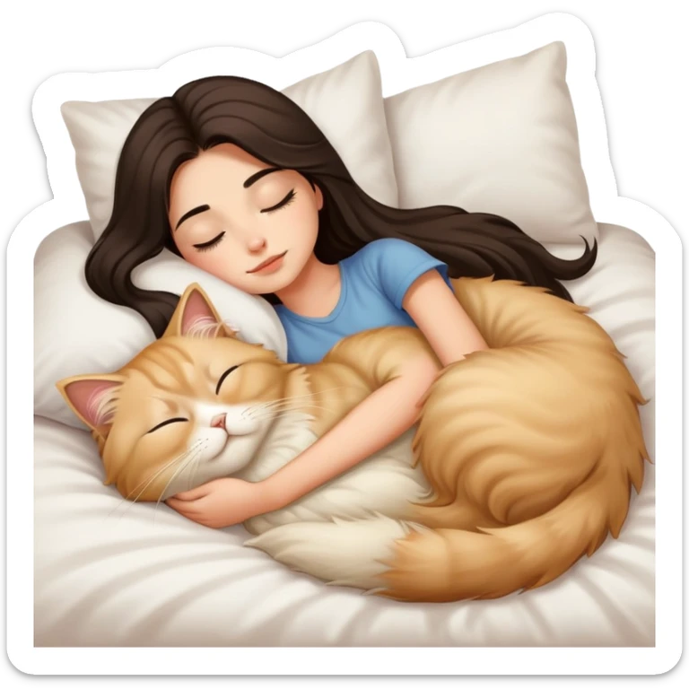 pretty girl with dark long hair sleeping with blonde fluffy  persian cat in bed sticker