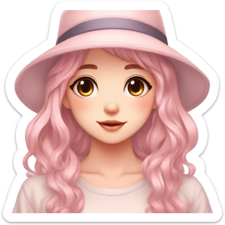Gorgeous pastel anime girl with blushing face and hair garnitures and pretty hair and a fedora aesthetic trending style sticker