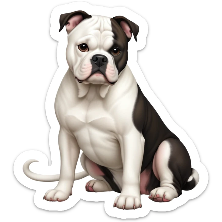 cinematic-[american bulldog]-realistic-full-body-sitting-emoji,-tail-resting-loosely-beside-its-paws,-head-tilted-dramatically,-sleek-[pied black]-fur,-simplified-yet-realistic-focused-features,-highly-detailed,-glowing-with-an-almost-sarcastic-glow sticker