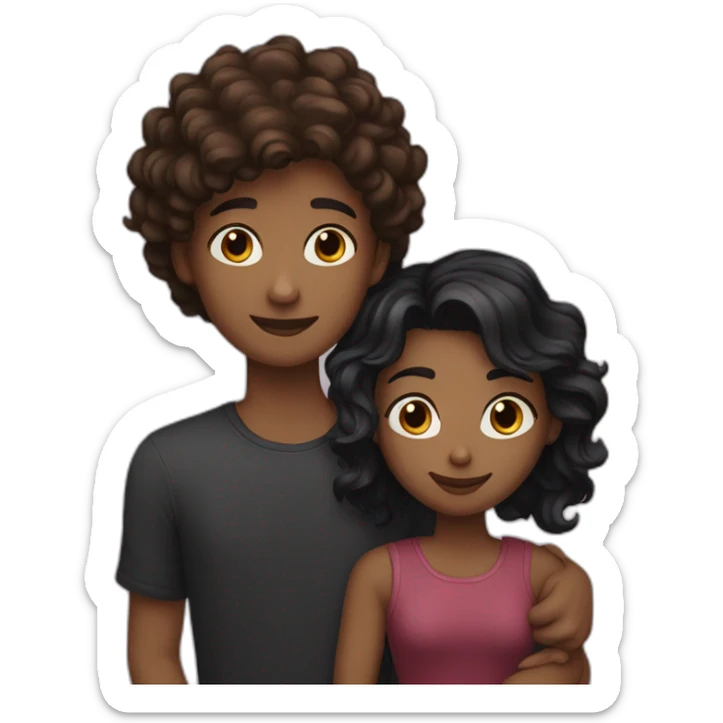 Girl with raven wolfcut hair and boy with brunette wavy hair hugging sticker