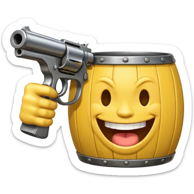 Yellow laughing face pointing gun at its own mount. The barrel of the gun is pointed towards the smile into the mouth. The back of the gun faces the viewer sticker