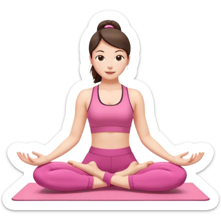 white brunette woman stretching on a yoga mat, pink sportswear, pilates pose sticker