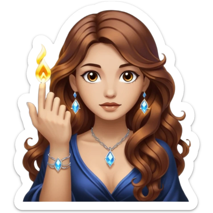mystic woman long wavy brown hair tattoos lighting crystal with fingertip sticker
