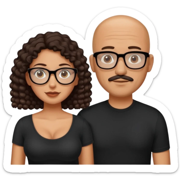 A picture of a tanned couple. the man is a Mexican man with tanned skin, with a bald hair cut, short beard and wearing a black shirt, no glasses. the woman is wearing rectangle shaped glasses, with long curly dark brown hair and with big boobs  sticker