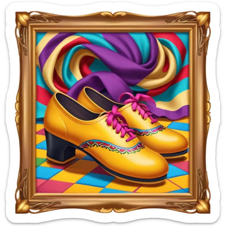 Humanless Icon for Folk Dance: traditional folk dance shoes, a colorful scarf, and a vibrant dance floor. The icon should capture the energy and cultural richness of folk dancing, with emphasis on movement, rhythm, and traditional attire. Transparent background. sticker