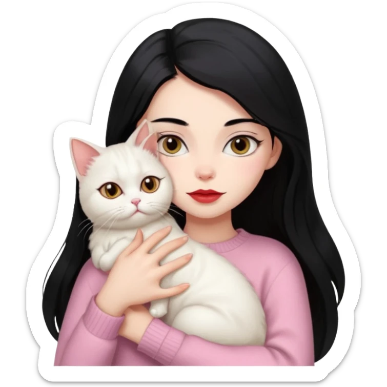 Beautiful Skinny Girl Long Hair black, Brows Big , Skin White, Sweater Pale Pink , Big Red Lips, Eyes coffe,Hug baby Persa Cream Cat With Cute Eyes sticker