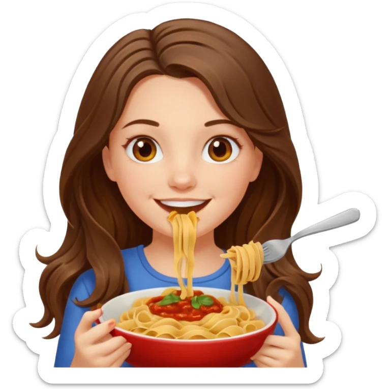 smiling white long brunette hair girl with hazel eyes with pasta sticker