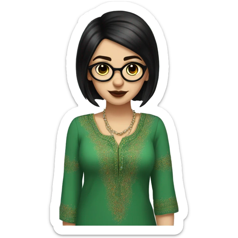 White girl in a green kurta with flower design, glasses, alot of piercing, gay, red lips, nose ring, full body, short straight black edgar hair, black straight hair sticker