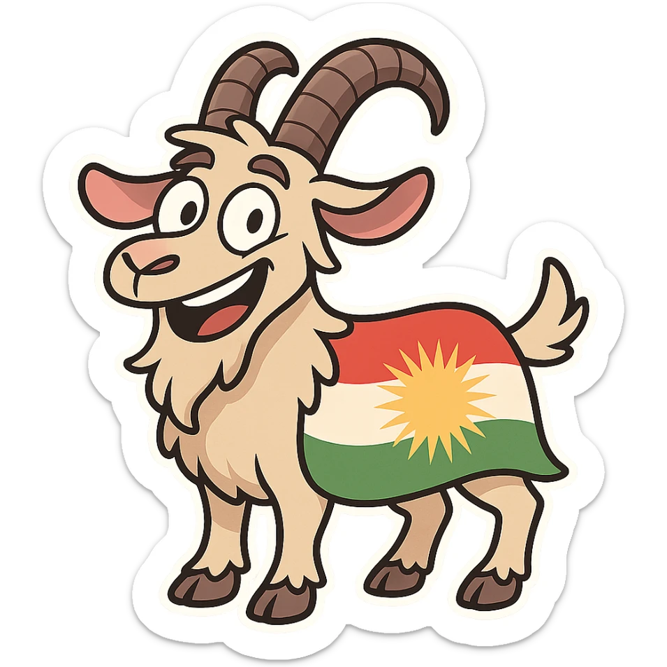 cartoon sticker of a happy colorful Kurdish goat, no flag, no text, suitable for WhatsApp and Instagram, transparent background sticker