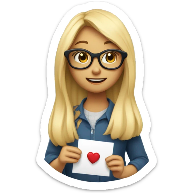 A blond girl with long hair and with glasses holding a heart enveloppe in her hand and pulling a letter that says ‘im sorry tony’ sticker