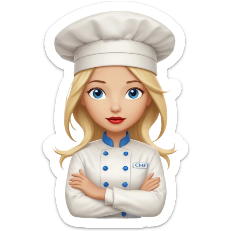 Beautiful, sexy,  long blonde hair, blue eyed, full red lips female chef arms folded  sticker