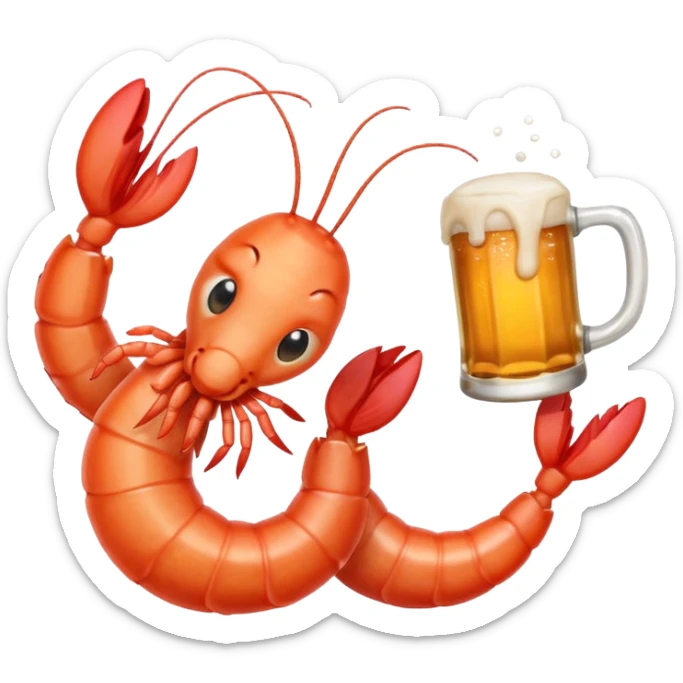 Design a trendy emoji-style illustration of two shrimp peeking from behind text, only half of their bodies visible, curious and playful expressions.
One shrimp holding a beer mug, the other pointing forward.
 sticker
