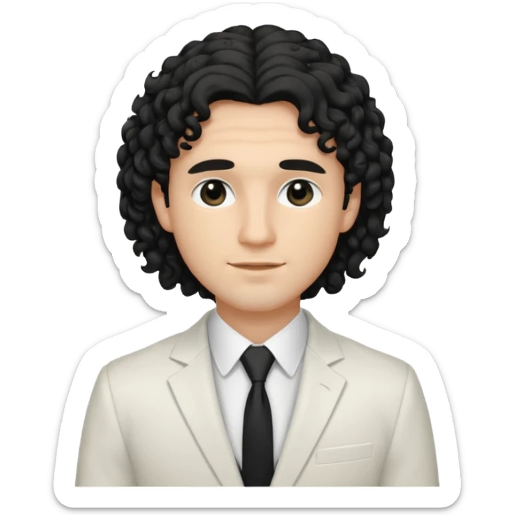 Cockasian guy with black long curly hair thats on his face and black eyes wearing a White simple suit guy  sticker
